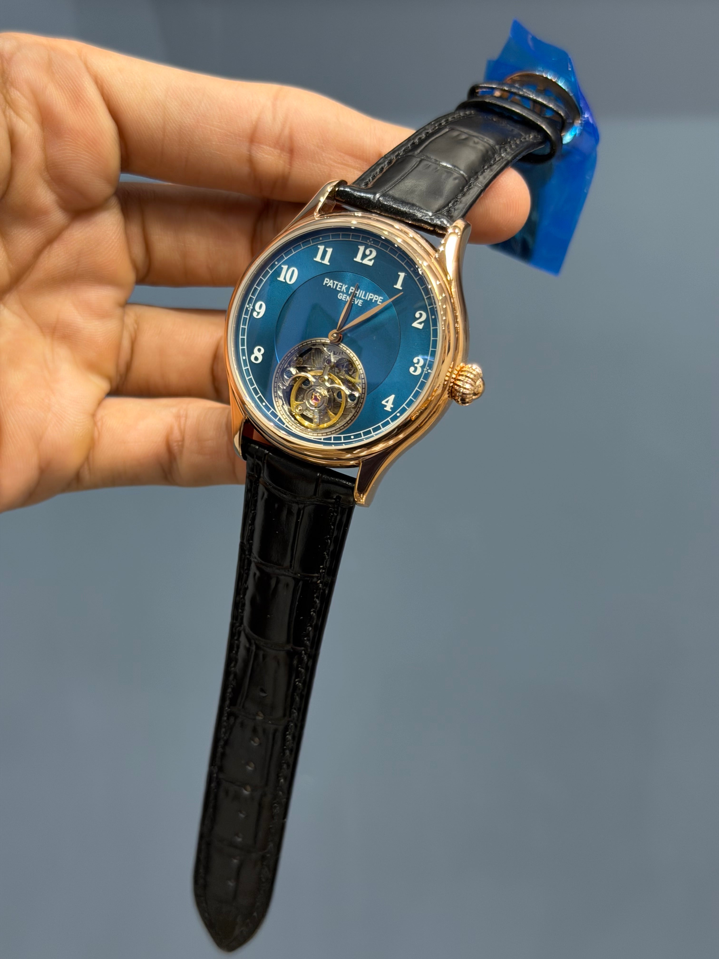 NEW COLLECTION TOURBILLON ROSE CASE WITH BLUE DIAL & BLACK LEATHER STR ...