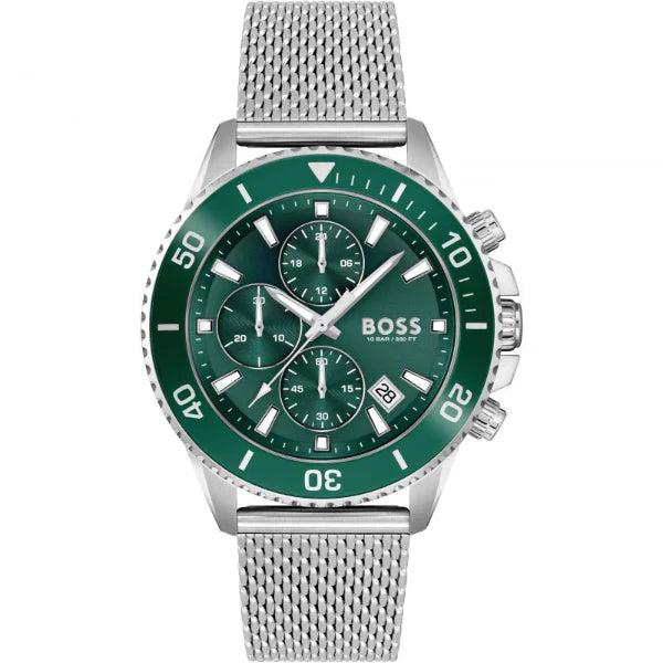 HUGO BOSS Admiral Silver Mesh Bracelet Green Dial Chronograph Quartz Watch for Gents - 1513905