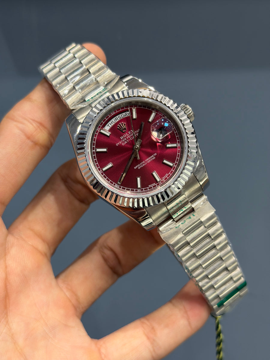NEW COLLECTION 40MM SILVER WITH MAHROON DIAL SHORT INDEX FIGURE YZ MAD ...