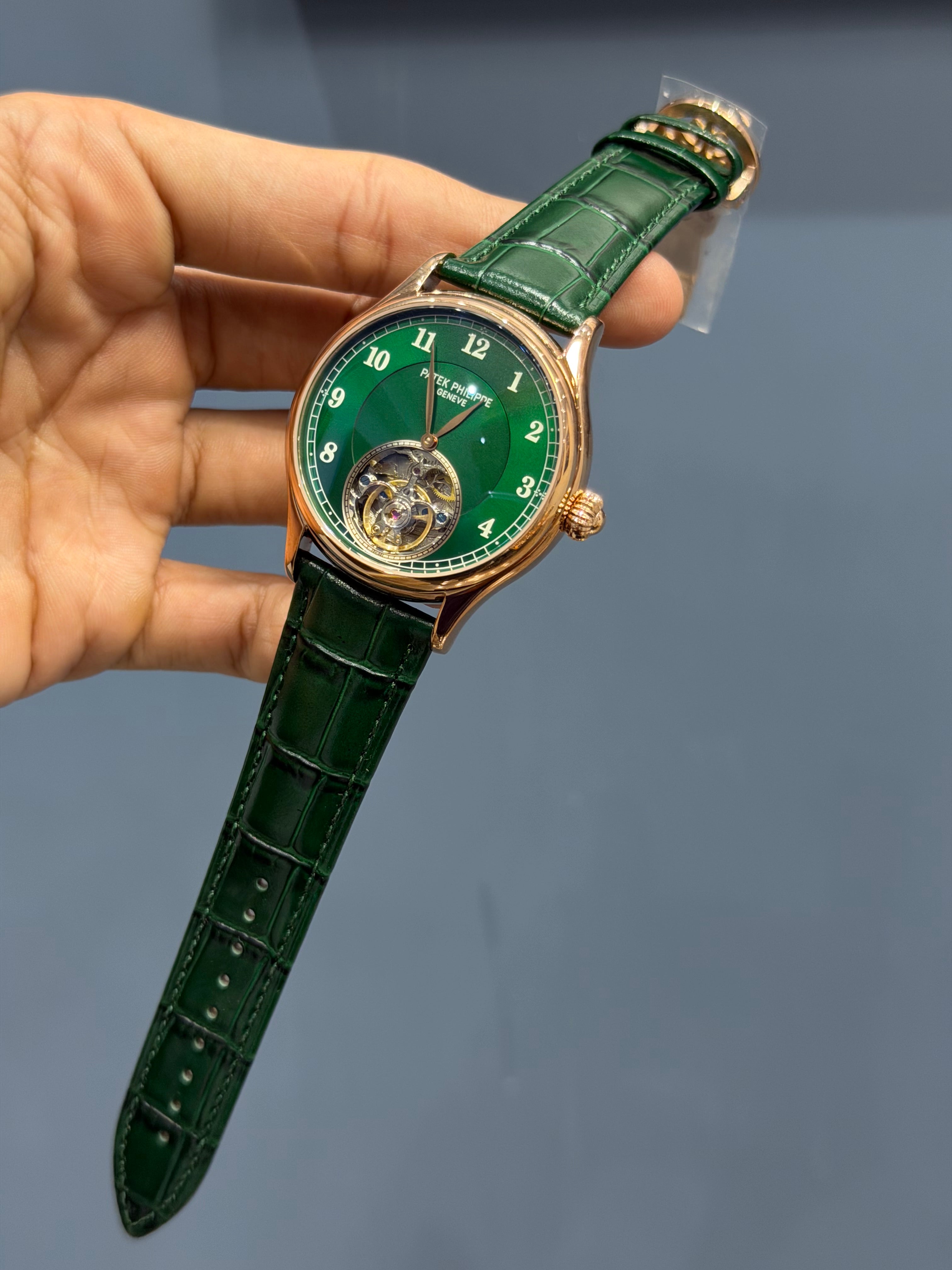 NEW COLLECTION TOURBILLON ROSE CASE WITH GREEN DIAL & GREEN LEATHER ST ...