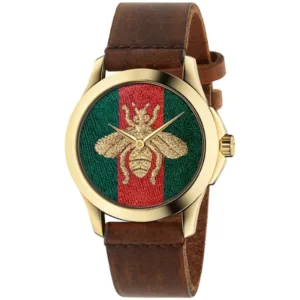 Gucci Le MarchÃƒÆ’Ã‚Â© Des Merveilles Bee Motif Brown Leather Strap Green Dial Quartz Unisex Watch - GUCCI YA 126451