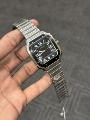 CARTIER | LATEST COLLECTION SILVER WITH BLACK BEZEL AND DIAL CHAIN WATCH (QUARTZ)