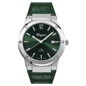 Ferragamo F-80 Classic Green Leather Strap Green Dial Quartz Watch For Gents - Sfdt00119