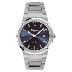 Ferragamo F-80 Classic Silver Stainless Steel Blue Dial Quartz Watch For Gents - Sfdt01320
