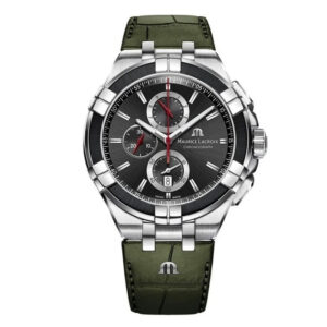 Maurice Lacroix Men’s Quartz Swiss Made Green Leather Strap Black Dial 44mm Watch AI1018-PVB21-3301