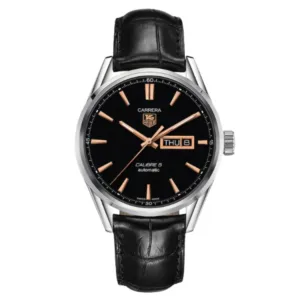 Tag Heuer Carrera Calibre 5 Black Leather Strap Black Dial Automatic Watch for Gents - WAR201C.FC6266