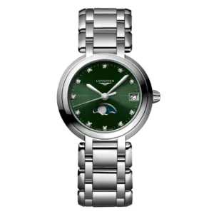 Longines PrimaLuna Moonphase Silver Stainless Steel Green Dial Quartz Watch for Ladies - L8.115.4.67.6